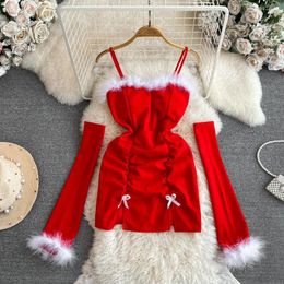 Casual Dresses Fashionable Christmas Day Red Sexy Fur Splice Dress Girl's Tight Wrap Hip Bottom Bra Strap Girls Off Sleeves Party