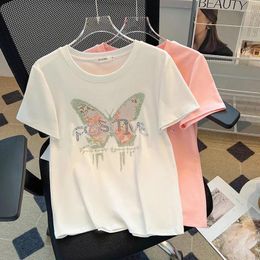 Women's T Shirts 2024 Summer Letter Butterfly Print Short Sleeved T-shirt Diamond Top For Women Cotton Tees