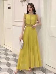 Work Dresses 2024 Summer Women Elegant Skirt Suits Lace Patchwork Sleeveless Short Top And High Waist Pleated Long Two Piece Set