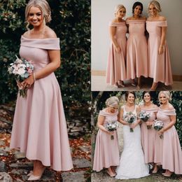 Cheap Simple Sexy Blush Pink A Line Bridesmaid Dresses Off Shoulder Hi-lo Plus Size Maid of Honor Gowns robes de demoiselle d'honn 310e