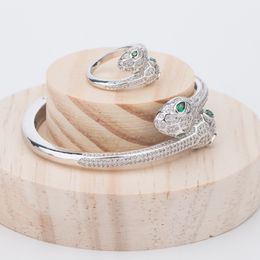New Fashion Brand Jewelry Sets Lady Brass Full Diamond Green Eyes Double Heads Snake Serpent 18K Gold Bracelets Rings Sets 1Sets 2277