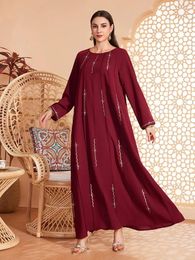 Ethnic Clothing Abaya Fashion Diamonds Dress O-Neck Gown Solid Long Sleeve Jalabiya Casual Loose Robe Muslim Women Caftan Islamic 2024