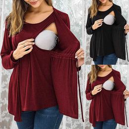 Maternity Tops Tees Autumn Winter Long Sleeve Round Neck Fake Two Piece Lace Up Breastfeeding Pregnant Womens Top T-shirt Pregnant Womens Outwear Y240518