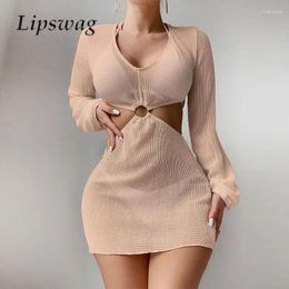 Fashion Solid Color Long Sleeve Swimsuit Cover-up Sexy Hollow Out Mesh Bikini Dress Summer See Through Sheer Beach Cover-ups