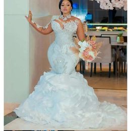 Custom Made Sparkling Beads Crystal Wedding Drs Mermaid Rufflu Long Sleev African Bridal Gowns Robe De Mariee 0518