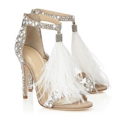 Gorgeous Beaded Feathers Tassels Wedding Heels 10 CM Open Toe Prom Evening Party Shoes Bridal High Heels Lady Formal Dress Stiletto Hee 310w