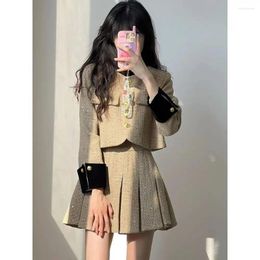 Work Dresses 2024 Women Autumn Winter Vintage Two Piece Sets Female Short Single Breasted Jacket Coat Pleated Skirts Ladies Suits U341