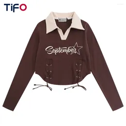 Women's Polos Letter Embroidery Contrast POLO Collar Tops Women Autumn Long Sleeve Hem Drawstring Cotton Crop T-Shirt