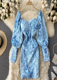 Flower Printed Vintge Party Dress For Women Off Shoulder Blue Elegant Slim Mini Woman Dresses Autumn Winter Long Sleeve Robe 20223265782