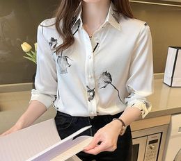 Korean Silk Women Shirts Woman Satin Floral Blouses Shirt Office Lady Silk Print Shirts Tops Plus Size Woman Satin Blouse Shirt6000905