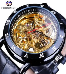 Forsining Retro Flower Design Classic Black Golden Watch Genuine Leather Band Water Resistant Men039s Mechanical Automatic Watc9873187