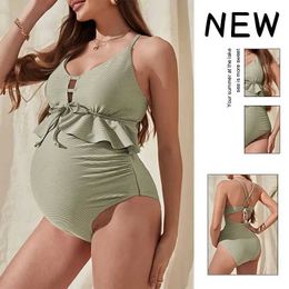 Maternity Swimwears Maternity Swimsuit Pregnancy Women Solid Green Ribbed Bandage Swimwear Fashion Ruffle One Piece Bathing Suit For Premama Clothes H240518