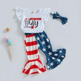 Clothing Sets Baby Girls Summer Outfit White Flying Sleeve O Neck Romper Stars Striped Patchwork Pants Headband