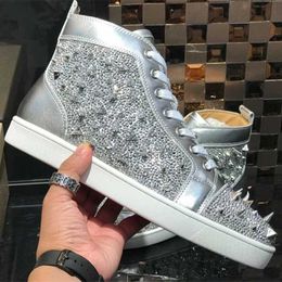 Casual Shoes Top Famous Gold Shiny Leather men casual Shoes Spikes Sneakers Man Women High Top Luxury Party Wedding No. Limited Skateborad Walking with box EU35-47
