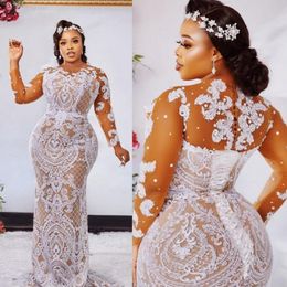 2022 Arabic Style Plus Size Mermaid Lace Wedding Gowns Sheer Bateau Neck Long Sleeves Beaded Bridal Dresses Sweep Train robe de mariee 247B