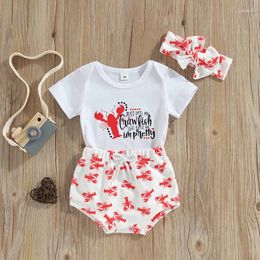 Clothing Sets Infant Baby Girls Summer Clothes Letter Print Short Sleeve Romper Lobster Pattern Shorts Bow Headband Casual Outfits