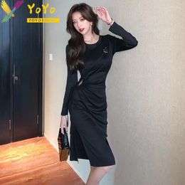 Casual Dresses Formal Black Drawstring Hollow Long Sleeve Split Pencil Dress 2024 Autumn/Winter Fashion Elegant Slim Bodycon Party