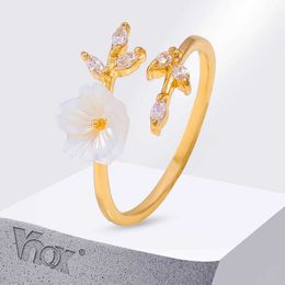 Band Rings Vnox Resizable Shell Flower R for Women Girls Cubic Zirconia Branch Open Finger Band Cute Flower Jewelry Gift J240516