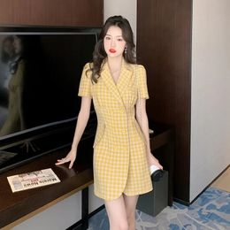 Fall Korean Temperament Sweet Tweed Plaid Pleated Mini Dress Lapel Patchwork Ruffle Fashion Office Western Slim 240513