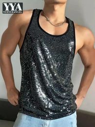 Mens Summer Shiny Sequined Tank Tops Gym Bodybuilding T-Shirt Designer Casual Night Clubwear Tops Training Slim Fit Strap Tees 240516