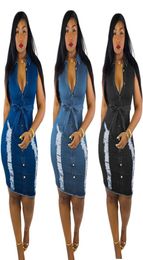 Women Plus Size Denim Dresses 3XL 4XL 5XL Turndown Collar Midcalf Dress 3X 4X Ripped Belt Knee Length Summer Clothing DHL 54283515841