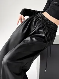 Women's Pants Black PU Women Autumn Winter Windbreak Warm Loose Wide Leg Elastic Waist Fashion Leather For 2024