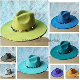Party Hats 9.5Cm Wide Brim Suede Hat Fedora For Men Women New Fashion Top Flat Flet Soft Spring Winter Sombrero Hombre Drop Delivery O Otqn2