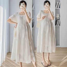 Maternity Dresses 2024 Summer New Korean Fashion Pregnant Womens Skirt Elegant Loose Pregnant Womens Chest Daily H240518