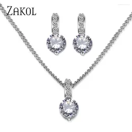 Necklace Earrings Set Elegant Bridal Wedding Female Round Clear Crystal Zirconia Pendant Party Jewellery For Women