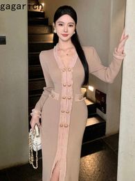 Casual Dresses Gagarich Fashion Women Korean A High-end Solid Sexy Double Breasted Brushed Dress Gentle Waist Slit Slim Midi Knitted