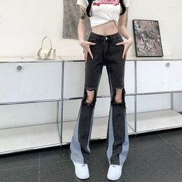 Women's Jeans Fashion High Waisted Ripped Woman Casual Streetwear Contrast Stitching Denim Trousers Female Girls Vintage Bell-bottoms