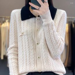 Women's Knits Top Autumn Winter Clothing Doll Neck Cardigan Merino Wool Casual Knitted Contrasting Twisted Flower