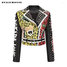 Women's Leather Streetwear Contrast Leopard Print Jacket Women 2024 Slim Zipper Short Punk Studded Faux Motorcycle