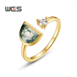 Cluster Rings WES 925 Sterling Silver Natural 5 7mm Moss Agate Open For Women Gemstone Gold Plated Certified Jewellery Female Gifts Trendy