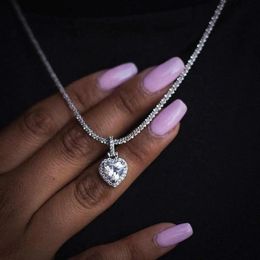 Valentines Day Gift Jewellery 5A Cubic Zirconia 3mm CZ Tennis Chain Halo Heart Pendant Ice Necklace For Girlfriend 240509