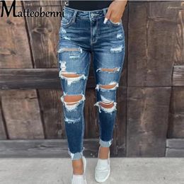 Women's Jeans Fashion American Style Lift Hip Skinny Ladies Casual Slim Fit Stretch Trousers Vintage Women's Broken Holes Pencil Pants