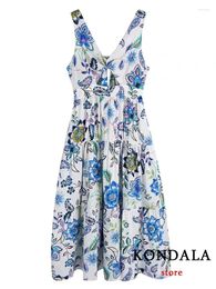Casual Dresses KONDALA Vintage Blue Floral Print Ruffles Midi Dress Women V Neck Bow Tie Front Hole Holiday Cami Boho Fashion 2024