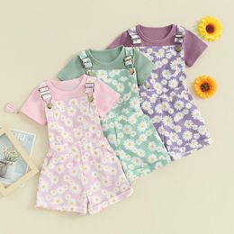 Clothing Sets CitgeeSummer Kids Toddler Girl Shorts Outfit Solid Color Ribbed Short Sleeve T-Shirt Daisy Print Overall Clothes