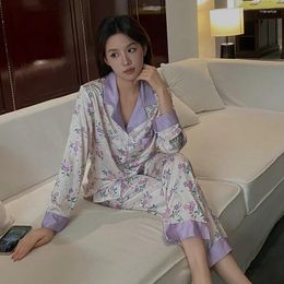 Women's Sleepwear Ice Silk Pajamas For Women In Spring And Summer Sexy Lapel Printing Long Sleeved Two-piece Suit Floral China-Chic Home