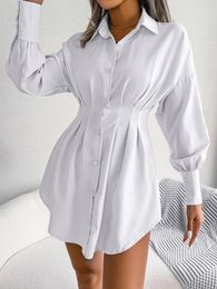 Casual Dresses Spring And Autumn Women's Lantern Sleeves Waist Asymmetric Shirt Dress Elegant White Polo Neck Long Sleeve