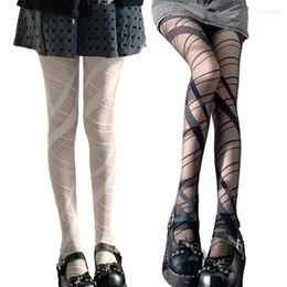 Women Socks Irregular Line Straps Pattern Slimming Tights Harajuku Crossed Lace-Up Printed Sheer Thin Silky Pantyhose Stocking