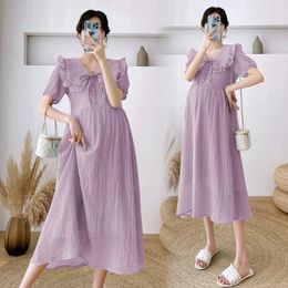 Maternity Dresses Cute pleated O-neck pregnant woman A-line dress 2024 summer Korean fashion elegant maternity wear H240518