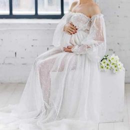 Maternity Dresses Sexy white pregnant womans long dress with shoulders used for photography captured through large-sized pregnancy photos Maxi dress H240518