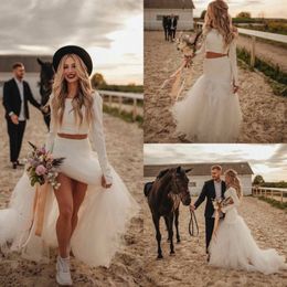 Two Pieces Mermaid Wedding Dresses Boho Long Sleeve Bridal Gowns Country Tulle Beach Sweep Train Wedding Dress Robes 254R
