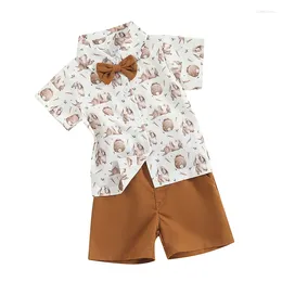 Clothing Sets Kids Baby Boy Easter Outfits Two-Piece Gentlemen Suits /Truck Print Short Sleeve Bowtie Shirts Button Shorts Party