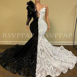 Black White Mermaid Long Prom Dress 2022 New Arrival Sparkly Sequin One Long Sleeve African Girl Prom Dresses CG001 320d
