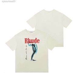 Fashion Designer Clothing Tees Hip Hop Tshirts Rhude Trendy Monoco with Gold Help High Street Vintage Apricot Short Sleeve T-shirt Men Streetwear Sportswear