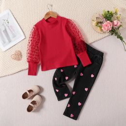 Clothing Sets Toddler Kids Baby Girls Long Tulle Sleeve Puff Ribbed T Shirt Tops Jeans Pants 2PCS Cropped Active Set Rompers