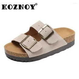 Slippers Koznoy 4cm Cow Suede Genuine Leather Comfy Flats Novelty Women Moccassin Slipper Sandals Ethnic Summer Peep Toe Loafers Shoes