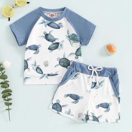 Clothing Sets Preschool clothing baby boy summer ocean turtle print short sleeved raglan T-shirt top elastic waist shorts set 2PCS set J240518